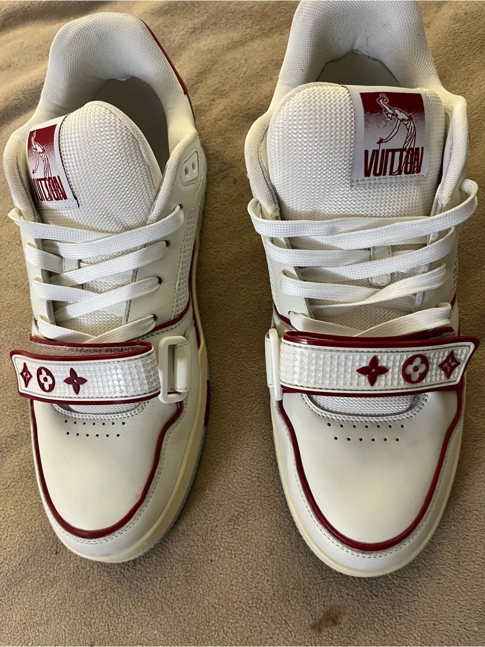 Louis Vuitton White and Red Low-Top Strap Sneakers